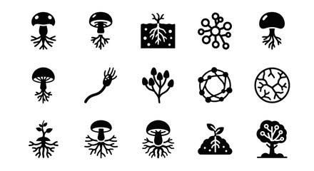 Black algae, seaweed, fungus and lichen icons, 16 vector graphics, biology symbols, ecology illustrations, natural elements © Adam