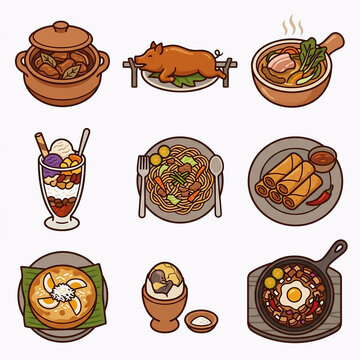 Filipino Traditional Food Flat Icon Set Adobo Lechon Sinigang Halo Halo Pancit Lumpia Bibingka Balut Sisig
