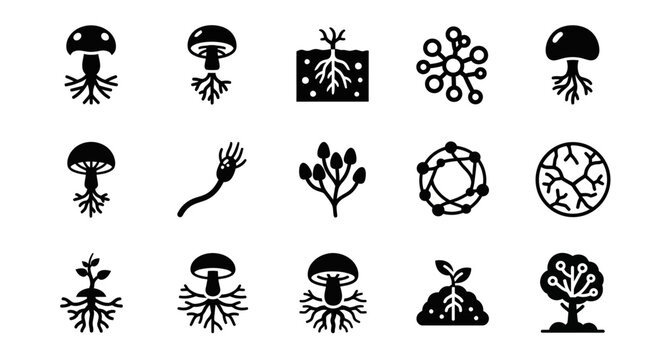 Black algae, seaweed, fungus and lichen icons, 16 vector graphics, biology symbols, ecology illustrations, natural elements
