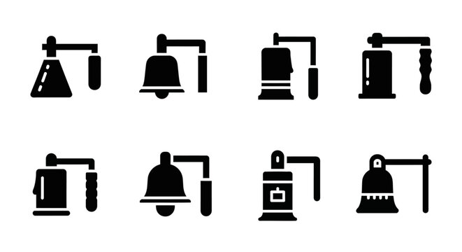 Industrial Lamp, Desk Lamp, Table Lamp, Lighting Fixture Vector Icons, 8 Black Silhouette Symbols