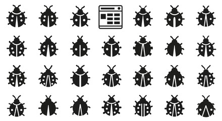 Arrangement of stylized ladybug silhouette icons surrounding a central document grid symbol, conceptually representing system analysis, quality assurance, and the methodical tracking of anomalies © Adam