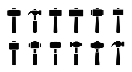 Diverse black silhouette hammer icons collection, featuring various striking tools for construction, carpentry, and home improvement, isolated on clean white © Adam