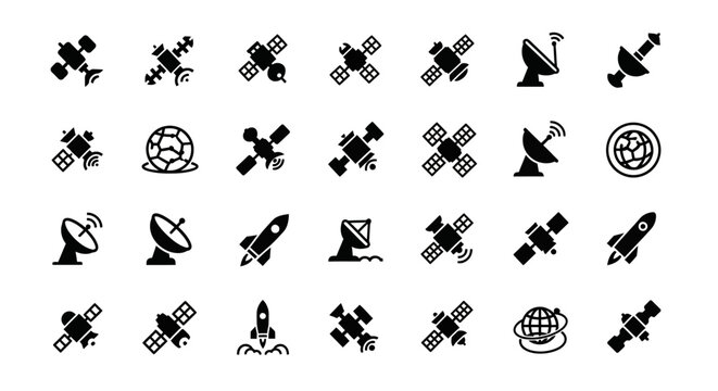 Satellite icons, space symbols, rocket logos, 25 black vector graphics