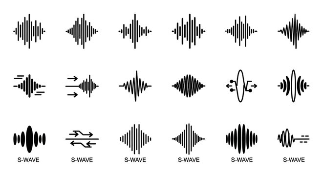 Sound wave icons, audio signal symbols, S wave graphics, black vector illustrations, sound pattern elements