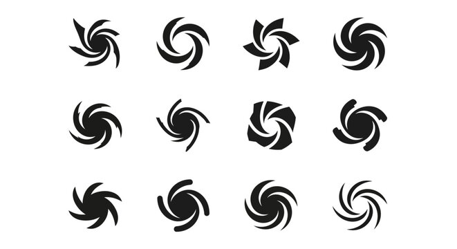 Black swirl icons, spiral symbols, 12 piece set, vector graphics, modern design elements