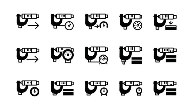 Drill icons, power tool symbols, black and white vector graphics, 16 drill bit illustrations, DIY and construction signs