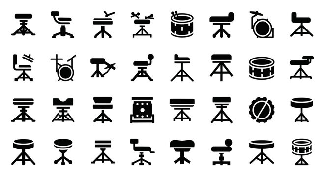 Drum set icons, drumstick symbols, music equipment, black vector graphics, 30 drum icons