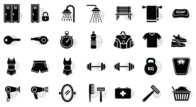 Versatile collection of monochrome vector icons representing gym equipment, personal hygiene, and daily essentials for an active and healthy lifestyle