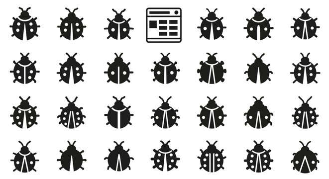 Arrangement of stylized ladybug silhouette icons surrounding a central document grid symbol, conceptually representing system analysis, quality assurance, and the methodical tracking of anomalies