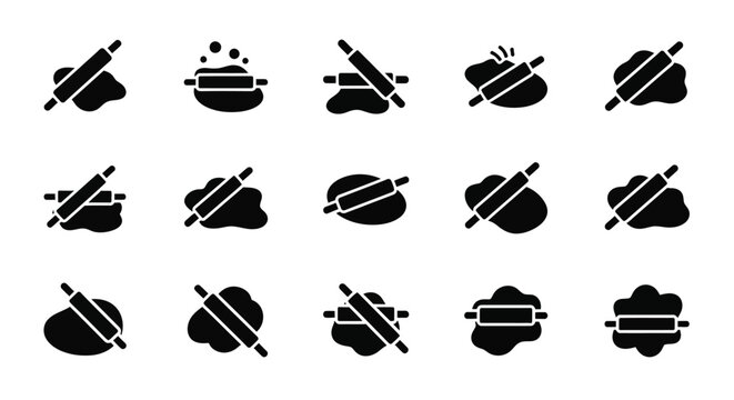 Collection of stylized black vector icons depicting the essential process of rolling dough, perfect for baking, cooking, and food preparation design projects