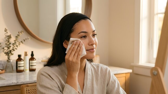 Smiling woman using cotton pad to apply toner or remove makeup in bright bathroom mirror at home