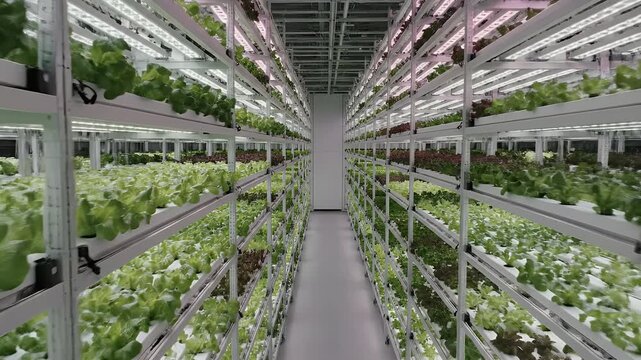 Rows of hydroponic lettuce grow under bright LED lights in a modern farm