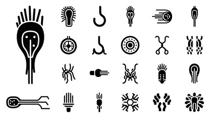 Expansive collection of abstract and futuristic monochrome symbols, depicting diverse biological organisms, alien life forms, and advanced technological concepts in a striking vector illustration © Adam