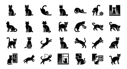 Diverse collection of elegant cat silhouettes captured in various playful and natural poses, perfect for graphic design projects and pet-related branding © Adam