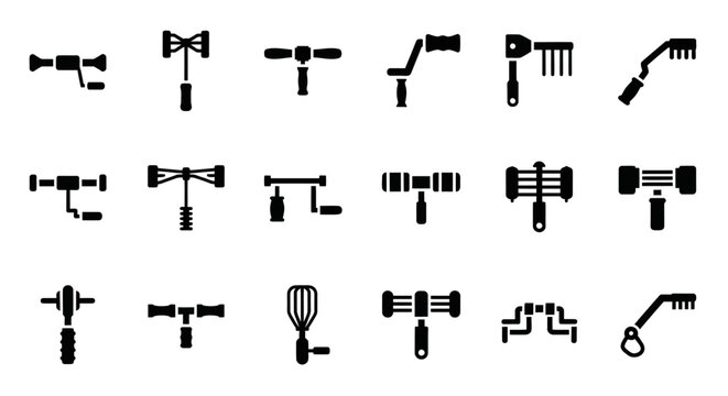 Versatile collection of abstract graphic icons, featuring diverse silhouette elements, architectural forms, and decorative shapes for modern design and digital projects