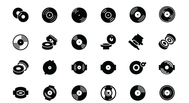 A comprehensive set of stylized monochrome icons depicting various forms of audio media for music playback and sound storage, perfect for digital design resources and retro-themed projects