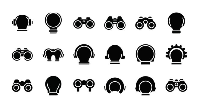 Comprehensive collection of optical observation tools and viewing devices presented as sleek black silhouette icons, perfect for technology and exploration themes