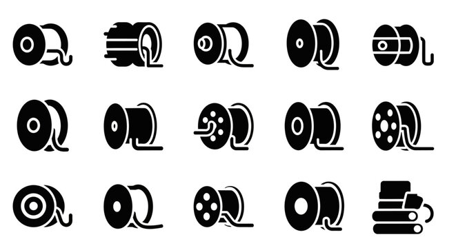 Vector icon set of diverse reels and spools cable, wire, film, thread, and hose types. Ideal for modern industrial, media, and technology graphic design projects