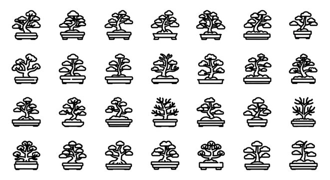 A comprehensive collection of elegant miniature bonsai tree icons, illustrating various styles of traditional Japanese and Asian potted plants for decorative and design purposes