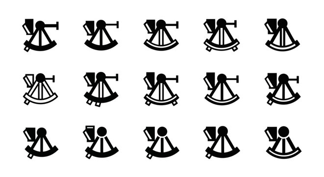 Collection of various black and white sextant icons, perfect for representing navigation, maritime exploration, and historical measurement tools in digital designs