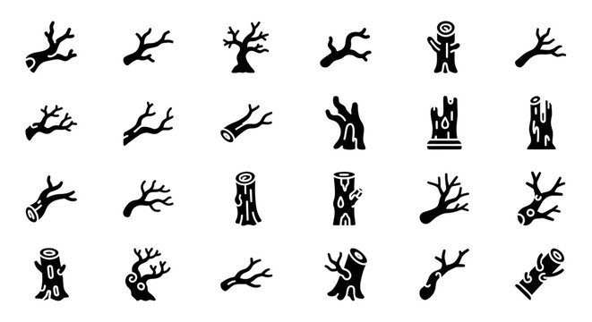 Assortment of intricate black silhouette icons showcasing various gnarled tree branches, weathered stumps, and bare dead wood elements, ideal for nature-themed designs, spooky illustrations