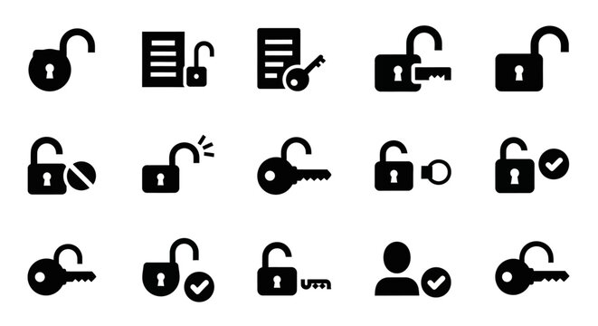 Modern digital security and access control icon set, featuring various states of unlocked padlocks, keys, and user authentication symbols for system protection and privacy