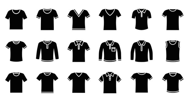 Black silhouette icons illustrating various men's and women's shirt styles including t-shirts, polo shirts, V-necks, long sleeves, and tank tops