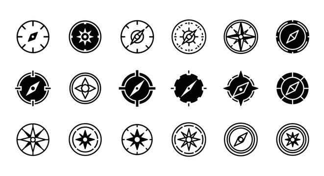 A comprehensive set of unique compass icons in various styles, representing navigation, direction, travel, and adventure, ideal for digital design and web applications