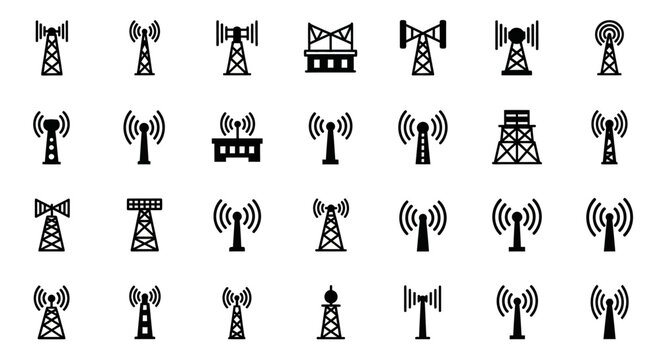 A versatile set of modern communication tower icons, illustrating signal transmission, wireless connectivity, and broadcast infrastructure for digital network and technology applications