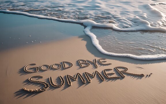 Good bye summer handwritten text on sandy beach with soft ocean waves and warm sunset light for seasonal end and vacation transition concept