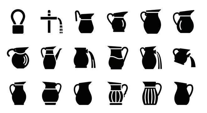 Collection of black silhouette pitcher and jug vector icons, diverse designs for pouring liquids, ideal for beverage, kitchen, and household graphic projects