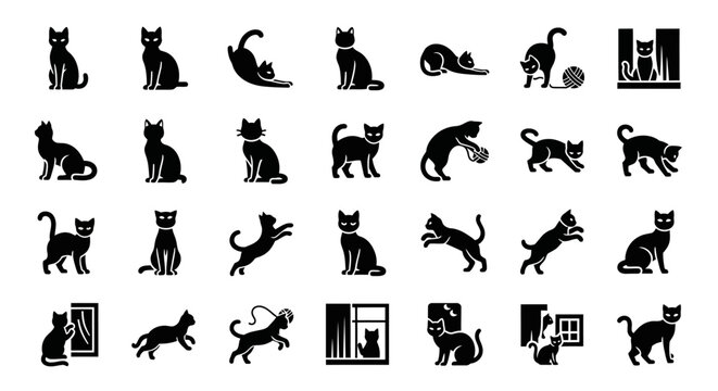 Diverse collection of elegant cat silhouettes captured in various playful and natural poses, perfect for graphic design projects and pet-related branding