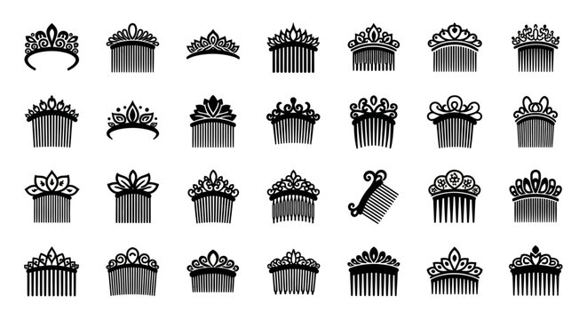 Elegant collection of diverse tiara, crown, and hair comb silhouettes. A versatile assortment of fancy and royal headpieces perfect for bridal, fashion, and event graphic design projects