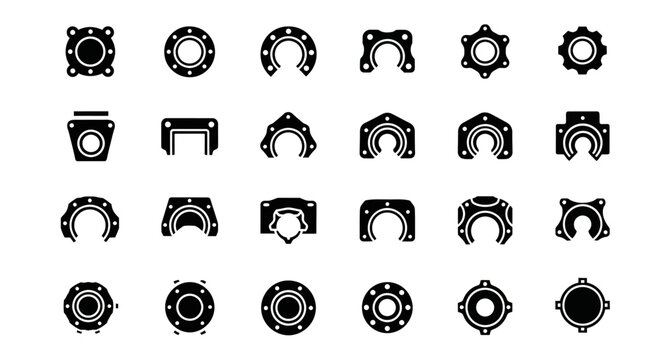 Diverse collection of black silhouette icons depicting essential mechanical parts and components, perfect for industrial design, engineering diagrams, and abstract technical representations