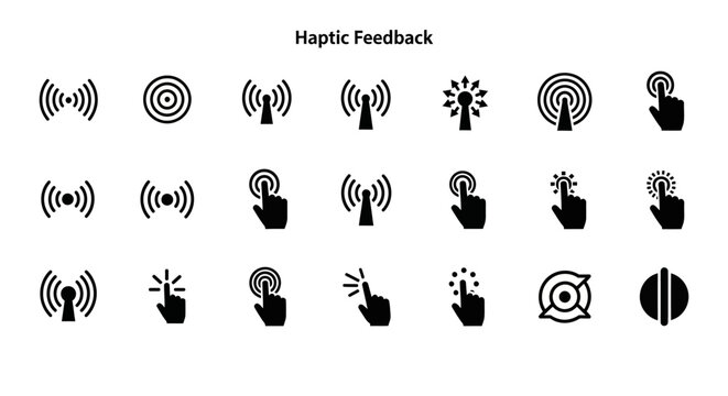 Haptic feedback icons collection displayed on a clean white interface showcasing various gesture and vibration symbols