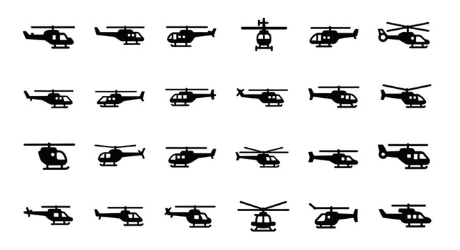 Collection of Various Helicopter Silhouettes in Different Angles and Views