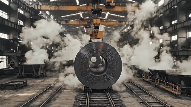 Massive Steel Coil at Industrial Mill - This video shows a large steel coil on railroad tracks inside an industrial steel mill. Steam rises around the coil, adding to the atmosphere of heavy industry.