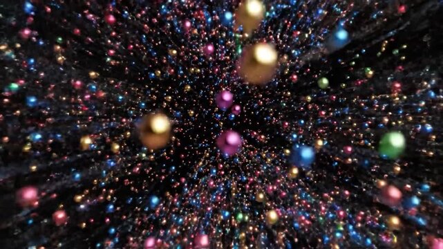Abstract colorful particles exploding outwards in a dark void