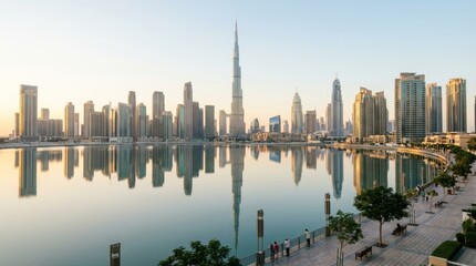 Fototapeta premium Dubai City Skyline Reflecting In Water During Golden Hour With Burj Khalifa And Modern Architecture