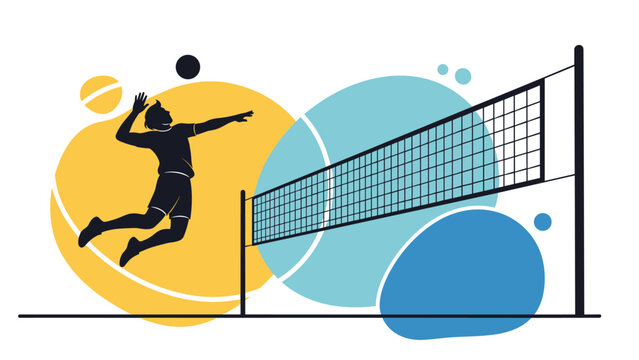Silhouette of a volleyball player jumps high to spike the ball over a net against a creative background with colorful shapes.