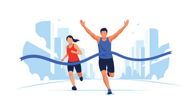 Male runner crosses the marathon finish line with his arms raised in triumph while a female athlete follows closely behind.