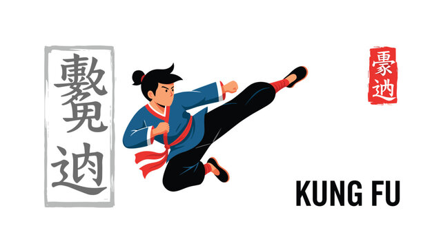 Skilled martial artist performs a powerful high kick during a kung fu demonstration with traditional calligraphy behind her.