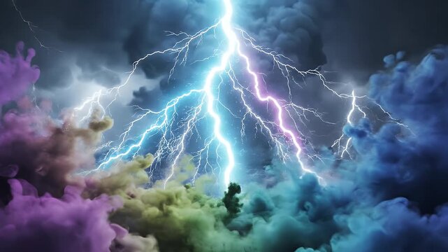 Colorful Lightning Storm Background - A vibrant video of a lightning storm set against a dramatic backdrop of colorful smoke clouds in shades of purple, blue, and green.