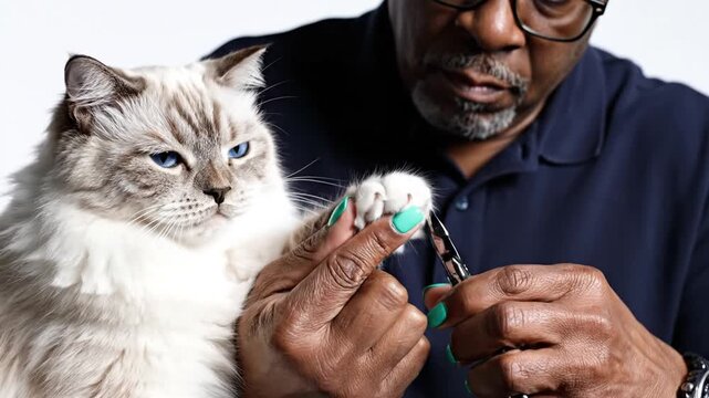 Man Trimming Cat Nails with Clippers.