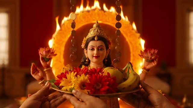 Devotional Scene Celebrating Akshaya Tritiya with Goddess Idol  Ritual Offerings  Flowers  Fruits  and Sacred Fire