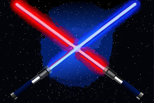 Two lightsabers one red and one blue clash against a starry background