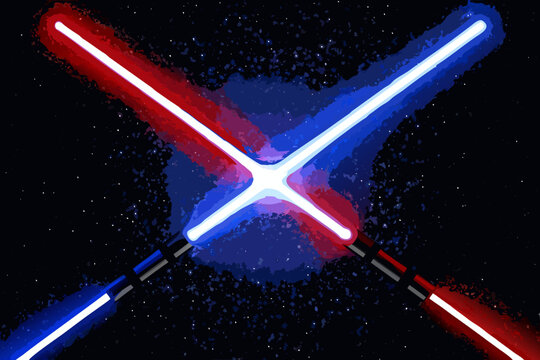 Two lightsabers one red and one blue clash against a starry background