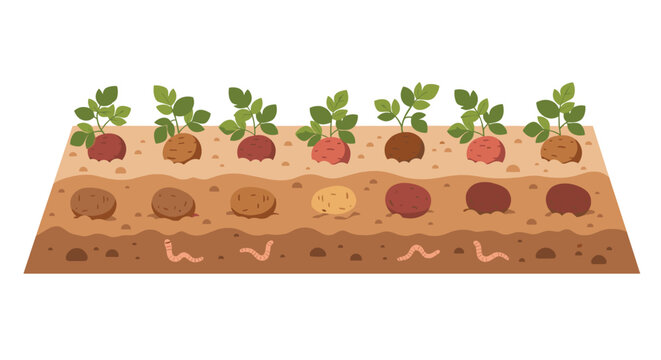A detailed cross-section of soil displays a row of potato plants with green sprouts above ground, developing potatoes underground, and pink earthworms tunneling through the brown soil layers.