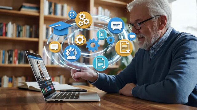 Senior Man Engaging in Online Education with Laptop - This video features a senior man using a laptop for online education, surrounded by floating icons representing learning, knowledge sharing, and