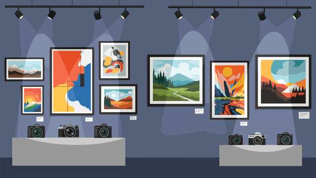 Interior view of a photography gallery exhibition featuring various framed landscape photos displayed on walls with spotlights and cameras.